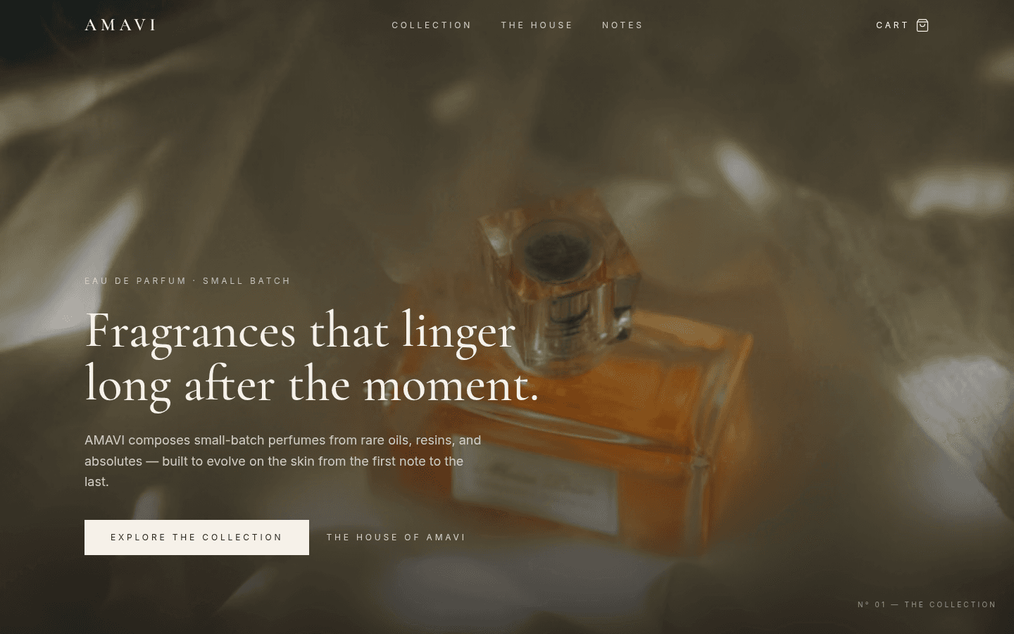 AMAVI fragrance website: warm cinematic photography with a restrained editorial headline and shop navigation