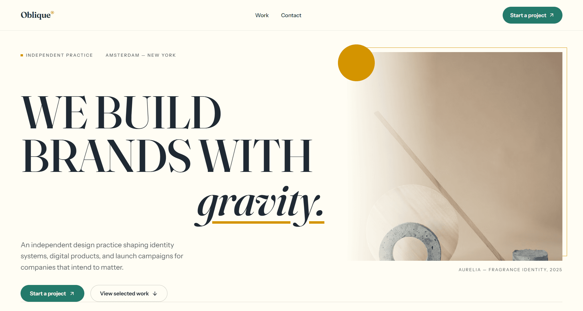 Design studio website with oversized black typography, a cream background, and sculptural imagery
