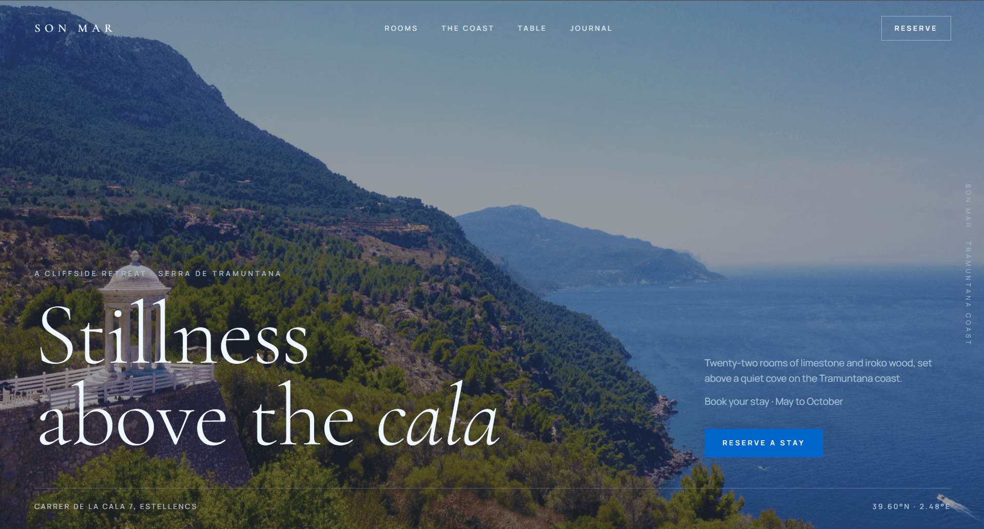 Coastal retreat website with panoramic Mediterranean photography and an airy white editorial headline